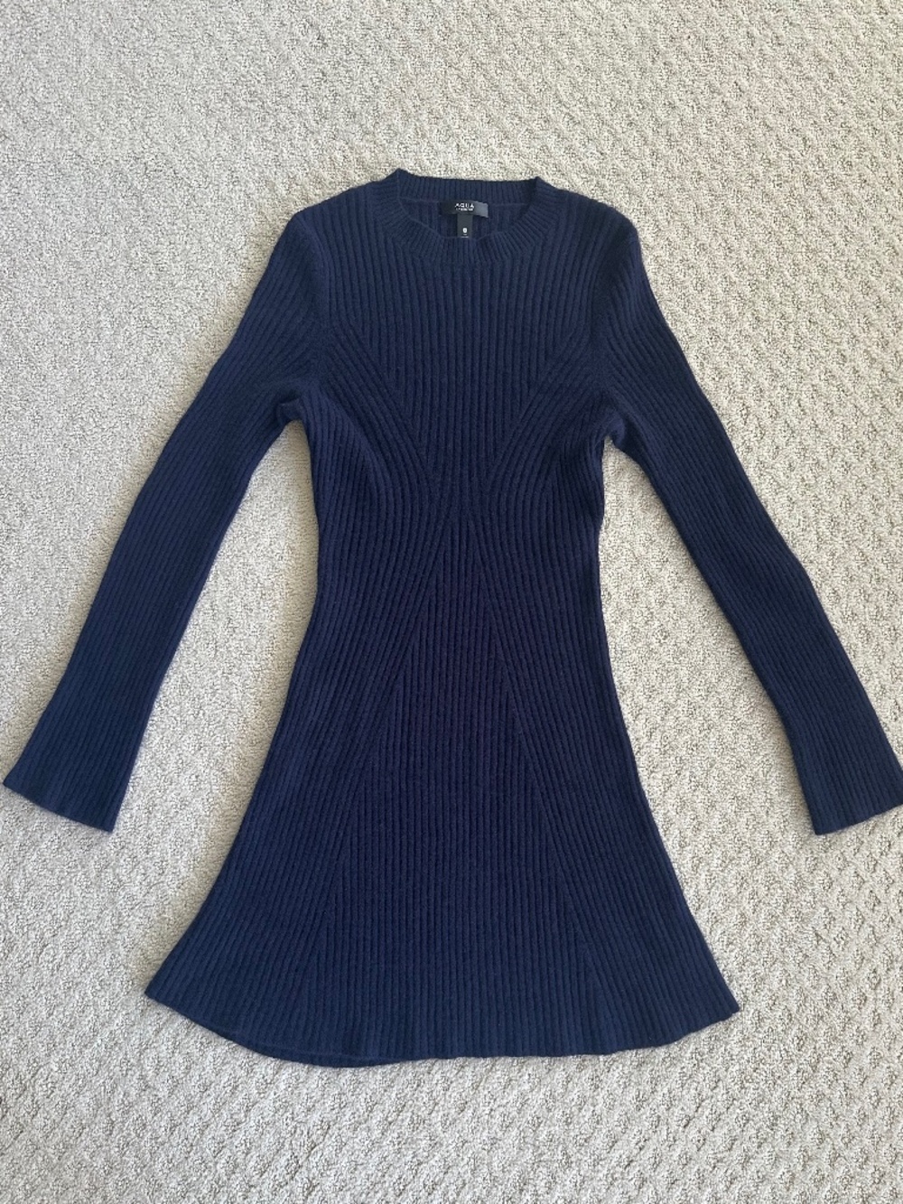 Aqua 100% Cashmere Contour Ribbed Mini Dress Navy S Soft Cozy Luxury Timeless